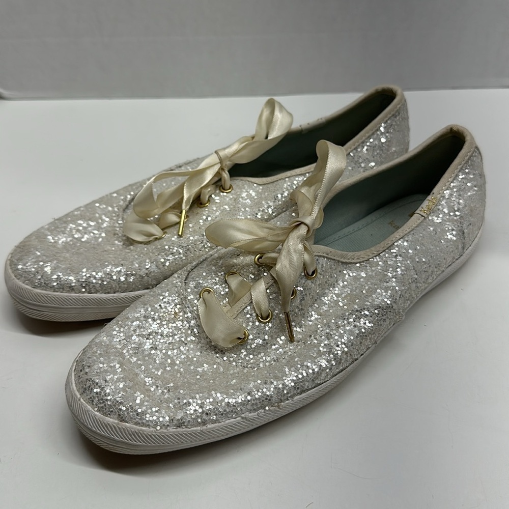 Kate Spade Keds Sneakers Lace Up Athletic Shoes Glitter Sparkle Silver Size 9